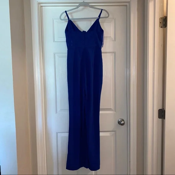 ABOUT US royal blue tie front Krystol wide leg jumpsuit S Revolve - Picture 7 of 13